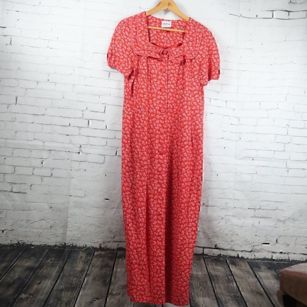 VINTAGE ATINA BY KAREN CROSBY RED & WHITE FLORAL SHORT SLEEVE BUTTON DOWN DRESS